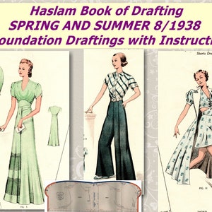 Puede incluir: Ilustraciones de moda vintage del "Haslam Book of Drafting" edición Primavera y Verano 1938. La imagen presenta tres figuras mostrando diseños de vestidos, acompañadas de diagramas de patrones y el texto "+ Foundation Draftings with Instructions."