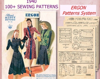 1940s, 100+ Sewing Patterns from 1940s, Ergon Pattern System, PDF Vintage Sewing Patterns, Book of Draftings, Pattern Drawing System