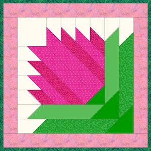 May include: A pink and green quilt block featuring a flower design. The flower is made up of pink triangles and the stem is made up of green triangles.