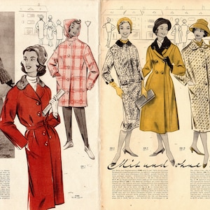 May include: A vintage fashion illustration featuring six women wearing different styles of coats. The coats are in various colours and patterns, including plaid, yellow, and black and white. The illustration is from a fashion magazine and includes the text "Mit und ohne Taille".