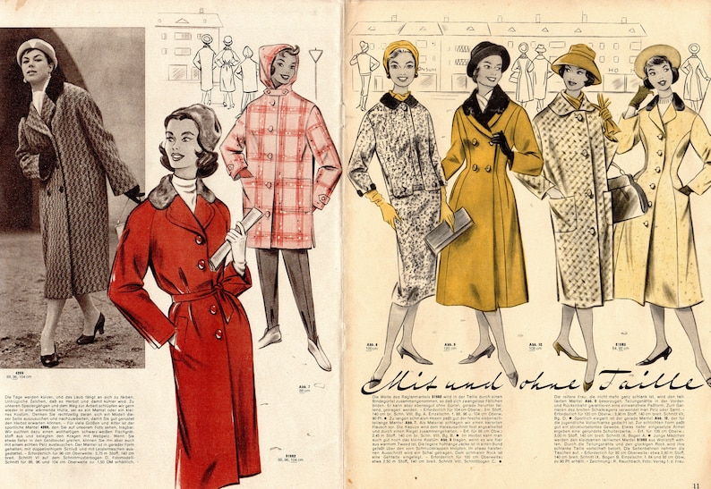 May include: A vintage fashion illustration featuring six women wearing different styles of coats. The coats are in various colours and patterns, including plaid, yellow, and black and white. The illustration is from a fashion magazine and includes the text "Mit und ohne Taille".