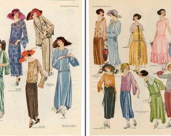 1930年代のヴィンテージファッションカタログ、アールデコ調の女性服の