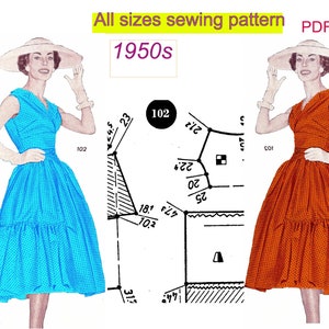 May include: A vintage sewing pattern from the 1950s for a dress with a fitted bodice and a full skirt. The pattern includes measurements in inches and is available as a PDF download.