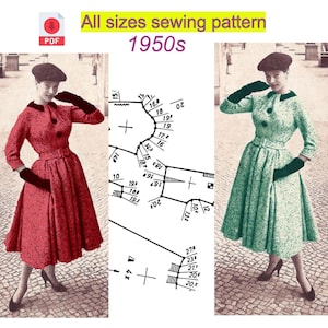 May include: A vintage sewing pattern for a dress from the 1950s. The pattern includes a diagram with measurements in inches. The pattern is for a dress with a fitted bodice and a full skirt.