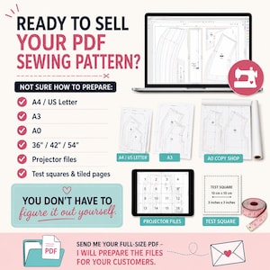 Puede incluir: Un gráfico digital que muestra servicios de preparación de patrones de costura. El texto dice: READY TO SELL YOUR PDF SEWING PATTERN? NOT SURE HOW TO PREPARE: A4/US Letter, A3, A0, 36/42/54, Projector files, Test squares. Incluye una laptop y una cinta métrica.