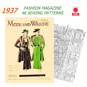 May include: A vintage 1937 fashion magazine cover featuring two women in stylish outfits. The magazine is titled "Mode und Wäsche" and includes 46 sewing patterns. The cover features a black and green colour scheme.