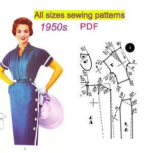 May include: A vintage sewing pattern for a dress from the 1950s. The pattern is in PDF format and includes all sizes. The image shows a woman wearing a blue dress with white trim and a white hat.