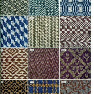 May include: A collection of 12 knit fabric swatches with different patterns and colors. The swatches are labeled with numbers and are arranged in a grid.