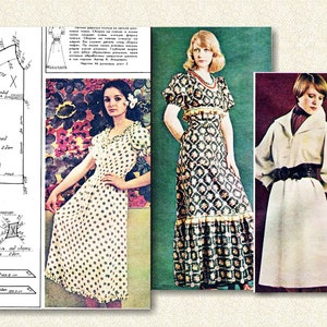 May include: Three vintage fashion illustrations featuring women wearing different styles of dresses. The first woman is wearing a white dress with black polka dots, the second woman is wearing a long green and white floral dress, and the third woman is wearing a white coat with a black belt.