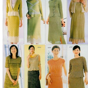 May include: Eight different knitted outfits for women. The outfits are in various shades of green, brown, and orange. The outfits are all made of a fine knit fabric and feature different styles of tops and skirts.