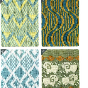 Op de afbeelding: Vier verschillende gebreide stofstalen met geometrische patronen in verschillende kleuren, waaronder geel, blauw, groen, wit en oranje.