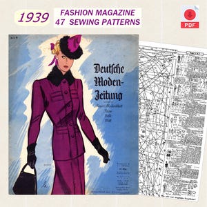 Può includere: Una copertina di rivista di moda vintage del 1939, con una donna in tailleur e cappello viola. La rivista si intitola "Deutsche Moden-Zeitung" e include 47 modelli di cucito. Un'icona PDF è visibile.