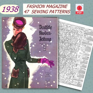 Peut inclure: Une couverture de magazine de mode vintage de 1938 représentant une femme en manteau vert et chapeau rose. Le magazine s'intitule "Deutsche Moden-Zeitung" et contient 47 patrons de couture. La couverture est illustrée d'un fond enneigé.