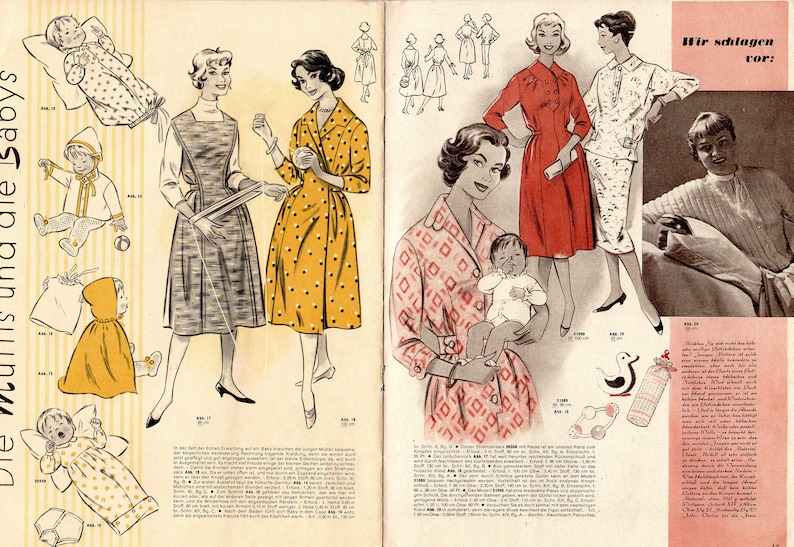 May include: A vintage magazine page featuring illustrations of women's clothing and baby clothes. The text on the page reads "Wir schlagen vor:" which translates to "We suggest:"