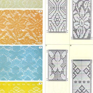 Puede incluir: Cuatro muestras de tejido de punto diferentes en blanco, naranja, azul y amarillo. Cada muestra se muestra junto a un gr&aacute;fico de patr&oacute;n de tejido de punto en blanco y negro.