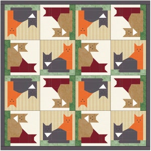 Puede incluir: Un bloque de colcha con un patrón repetitivo de gatos estilizados en tonos naranja, marrón, gris y rojo. Los gatos están dispuestos en una cuadrícula con un borde verde.