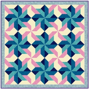Könnte beinhalten: Eine Steppdecke mit einem geometrischen Muster aus blauen, türkisfarbenen und rosafarbenen Sternen auf cremefarbenem Hintergrund.