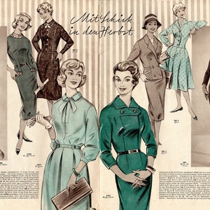 May include: A vintage fashion magazine spread featuring six women modelling different outfits. The text on the page reads "Mit Schick in den Herbst".