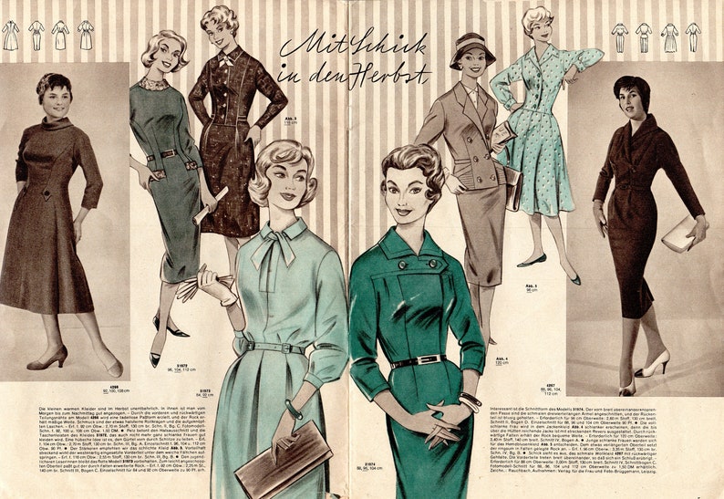 May include: A vintage fashion magazine spread featuring six women modelling different outfits. The text on the page reads "Mit Schick in den Herbst".