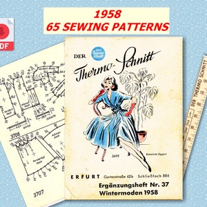 Pode incluir: Uma capa de caderno de padrões de costura vintage com uma mulher em um vestido azul e luvas vermelhas. A capa é intitulada "Thermo-Schnitt" e inclui o texto "Ergänzungsheft Nr. 37 Wintermoden 1958".
