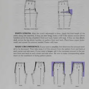 May include: Diagram showing how to adjust the crotch length and waist circumference of pants patterns. The diagram shows how to decrease or increase the crotch length and how to adjust the waist for a smaller or larger waist.