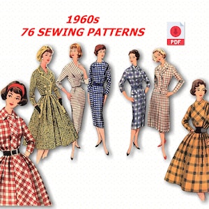 May include: A set of 76 vintage 1960s sewing patterns in PDF format. The patterns feature six women wearing different plaid dresses. The patterns are available for download.