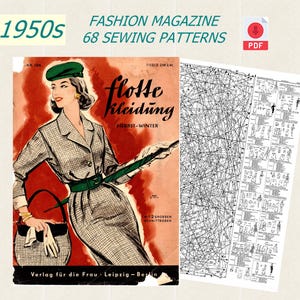 Puede incluir: Una portada de revista de moda vintage de la década de 1950 con una mujer con un vestido a cuadros y un sombrero verde. La revista se titula "flotte Kleidung" y tiene el texto "Herbst-Winter" y "Verlag für die Frau - Leipzig - Berlin".
