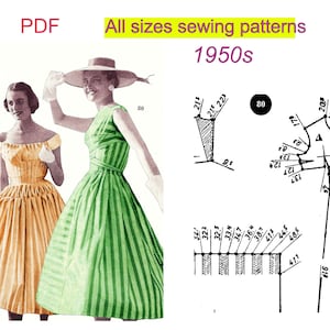 May include: Two 1950s sewing patterns for dresses, one in green and white stripes and one in yellow and white stripes. The patterns include size charts and instructions for sewing the dresses.