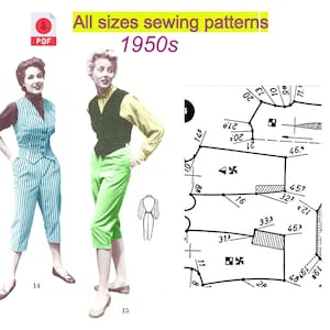 Op de afbeelding: Een naaipatroon voor damesbroeken uit de jaren 1950. Het patroon bevat een diagram met maten in inches. Het patroon is voor een capribroek met een hoge taille en een aansluitende pasvorm.