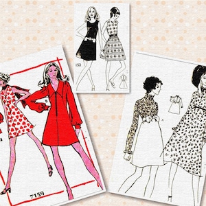 May include: A vintage sewing pattern featuring four different dress designs. The dresses are shown in black, red, white, and a floral print. The pattern numbers are 7159 and 152.