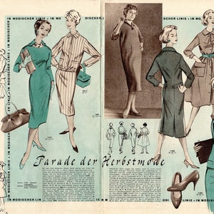 May include: A vintage fashion magazine spread showcasing models wearing a variety of dresses and coats. The magazine is titled "Haute Couture" and features the text "Parade der Herbstmode", which translates to "Parade of Autumn Fashion".