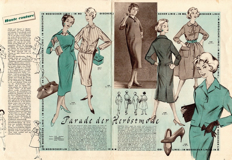 May include: A vintage fashion magazine spread showcasing models wearing a variety of dresses and coats. The magazine is titled "Haute Couture" and features the text "Parade der Herbstmode", which translates to "Parade of Autumn Fashion".