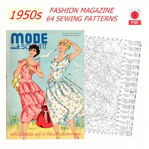 May include: A vintage 1950s fashion magazine cover featuring two women in dresses. The magazine is titled "Mode und Schnitt" and includes 64 sewing patterns. The cover is in blue, white, and pink.