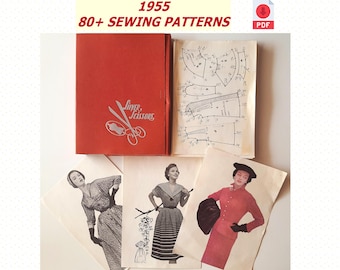 May include: A red binder with the text "1955 80+ SEWING PATTERNS" and the text "Simple Scissors" on the front cover. The binder is open to reveal pages of sewing patterns. There are also three pages with images of women wearing dresses.
