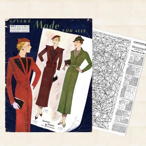 May include: A vintage magazine cover featuring three women wearing stylish dresses. The magazine is titled "Beyers Mode Für Alle" and the cover features a red, brown, and green dress. The magazine is from 1939.