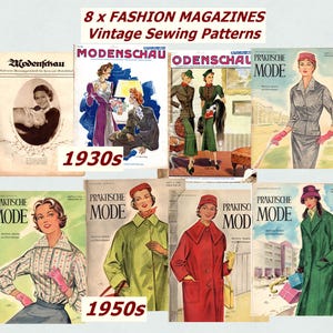 Könnte beinhalten: Eine Sammlung von acht Vintage-Modezeitschriften mit Schnittmustern aus den 1930er und 1950er Jahren. Die Cover zeigen verschiedene illustrierte Kleidungsstücke wie Mäntel, Kleider und Jacken, mit Titeln wie Modenschau und Praktische Mode.