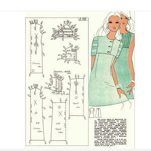 Puede incluir: Un patrón de costura para un vestido de manga corta. El patrón incluye instrucciones y diagramas para cortar y coser el vestido. El vestido está diseñado con un frente abotonado y un cuello.