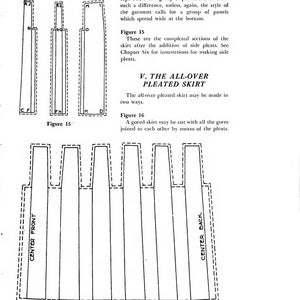 May include: Diagram showing how to cut and sew a pleated skirt. The diagram shows the skirt panels laid out flat, with the center front and center back marked. The text reads "V. The All-Over Pleated Skirt" and "A gored skirt may be cut with all the gores joined to each other by means of the pleats."