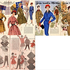 May include: A vintage fashion magazine spread showcasing women's clothing and accessories. The magazine is titled "Die neue Mode" and features illustrations of women wearing dresses, coats, and hats. The magazine is printed in black and white and has a vintage aesthetic.
