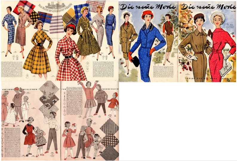 May include: A vintage fashion magazine spread showcasing women's clothing and accessories. The magazine is titled "Die neue Mode" and features illustrations of women wearing dresses, coats, and hats. The magazine is printed in black and white and has a vintage aesthetic.