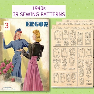 Könnte beinhalten: Ein Vintage-Nähmusterbuchcover aus den 1940er Jahren mit zwei Frauen in Kleidern. Das Buch trägt den Titel "Ergon" und die Nummer "3" auf dem Cover. Das Buch enthält 39 Nähmuster.