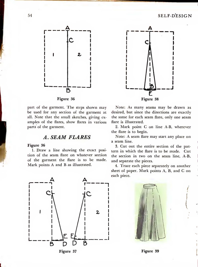 May include: A black and white illustration showing how to create a seam flare on a garment. The illustration shows a line with points A, B, and C marked. The text "A. SEAM FLARES" is also included.