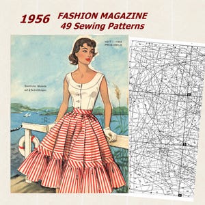 Könnte beinhalten: Ein Modemagazin-Cover von 1956 mit dem Titel 49 Sewing Patterns, das eine Illustration einer Person in einem weißen ärmellosen Oberteil und einem rot-weiß gestreiften Rock zeigt, begleitet von einem Schnittmusterbogen mit komplexen Linien.