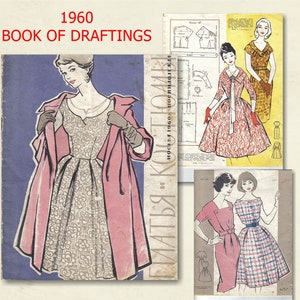 May include: A vintage book of dress patterns from 1960. The cover features a woman wearing a pink coat over a floral dress. The book is titled "Платья и Костюмы" and "MOCKBA 1960 - " in Cyrillic script. The inside pages show illustrations of women wearing different dresses.