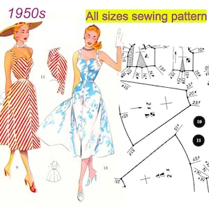 May include: A vintage 1950s sewing pattern for a dress with two different styles. The pattern includes instructions and measurements for all sizes. The pattern is printed on white paper with black ink.
