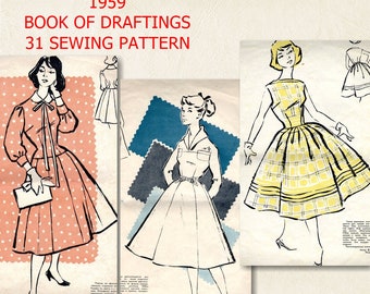 31 vintage Sewing Patterns, 1959, 1950s  USSR  Vintage Fashion Magazine, 31 Reduced Sewing Patterns , Book of Draftings, PDF Download