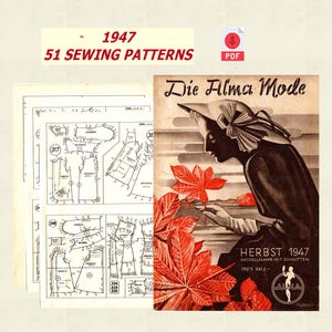 Könnte beinhalten: Ein Vintage-Nähmusterheft aus dem Jahr 1947 mit dem Titel "Die Alma Mode Herbst 1947" mit einer Schwarzweißillustration einer Frau in einem Kleid, die ein rotes Blatt hält. Das Heft enthält 51 Nähmuster.