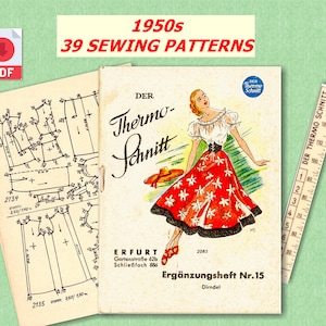 May include: A vintage sewing pattern booklet from the 1950s, titled "Der Thermo-Schnitt" with a red and white floral dirndl dress illustration. The booklet is titled "Ergänzungsheft Nr. 15" and includes instructions for sewing a dirndl.