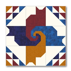 May include: A quilt block with a spiral design in shades of blue, orange, and red. The block is made up of various geometric shapes, including triangles and squares.