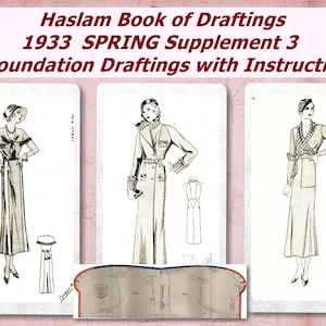 Könnte beinhalten: Drei Vintage-Modeillustrationen aus dem Haslam Book of Draftings 1933 Spring Supplement 3, mit Grundschnitten und Anleitungen. Die Illustrationen zeigen Frauen in Kleidern und Mänteln.